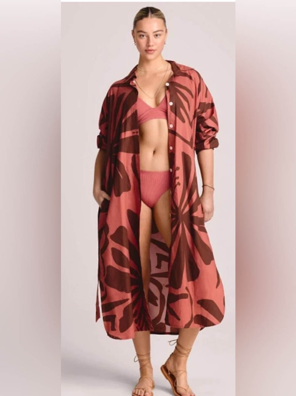 Vitamin A Rust Floral Print Long Button-Front Swim Coverup